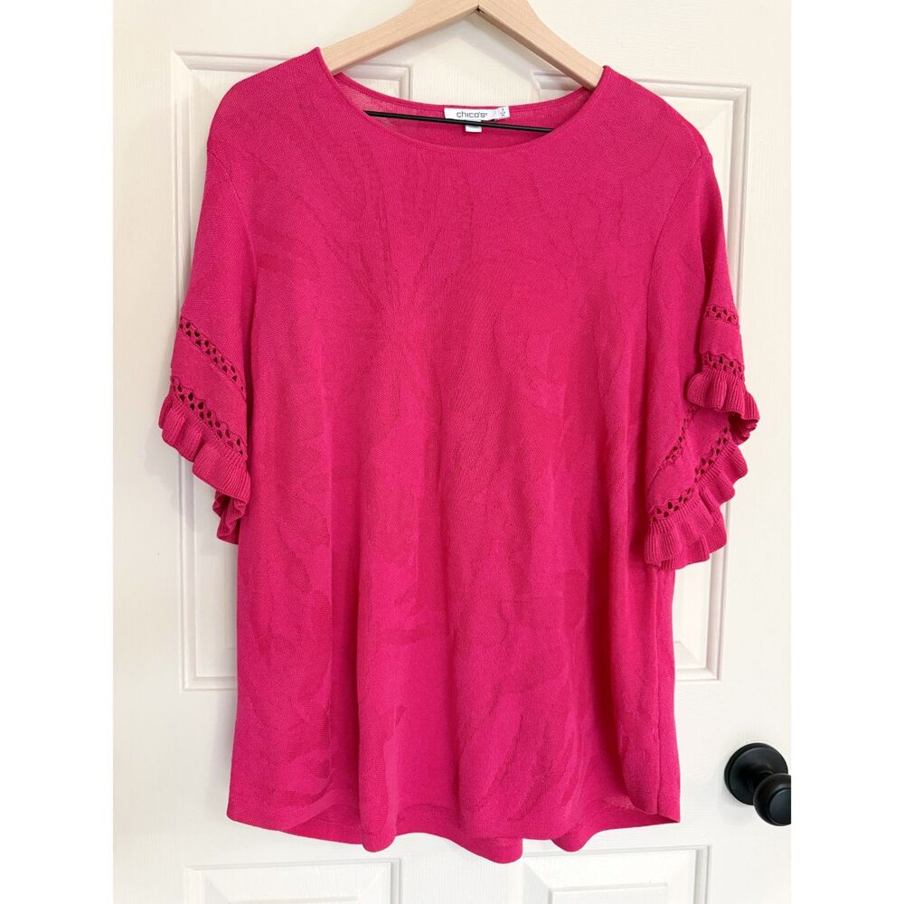 Chico's XL 3 Ruffle Sleeve Pullover Sweater Short Ruffle Sleeve Floral Pointelle
